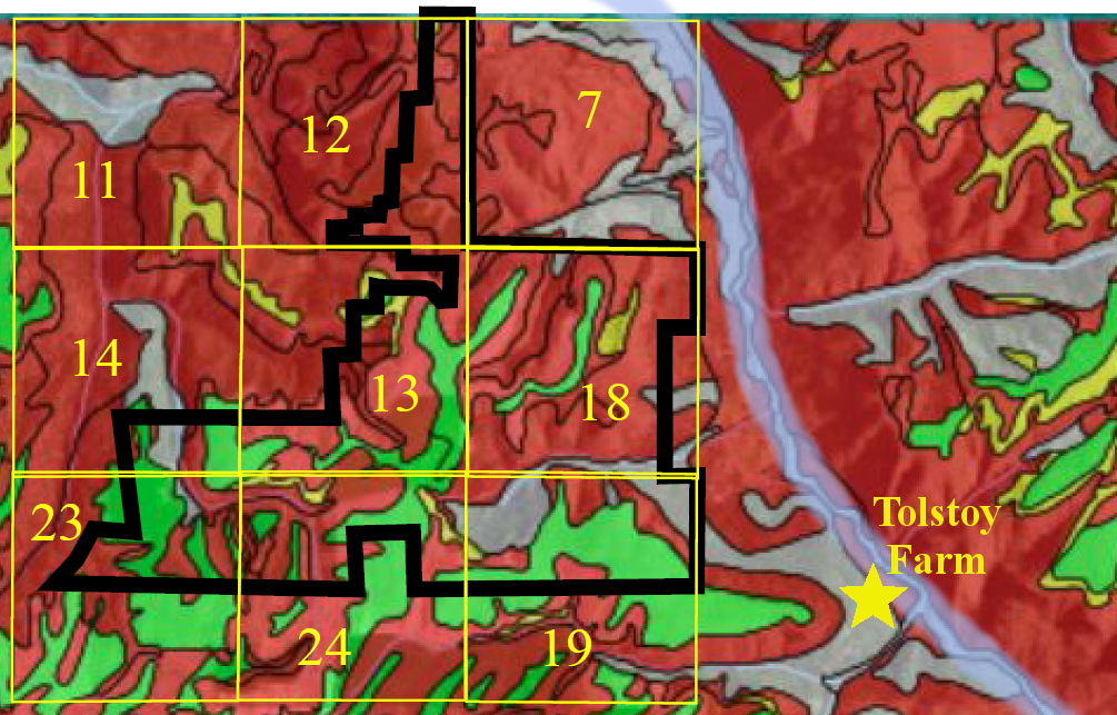 This map shows Rosman Farm areas (black outline) and section numbers (yellow 
numbers) of sections where sludge could be applied.